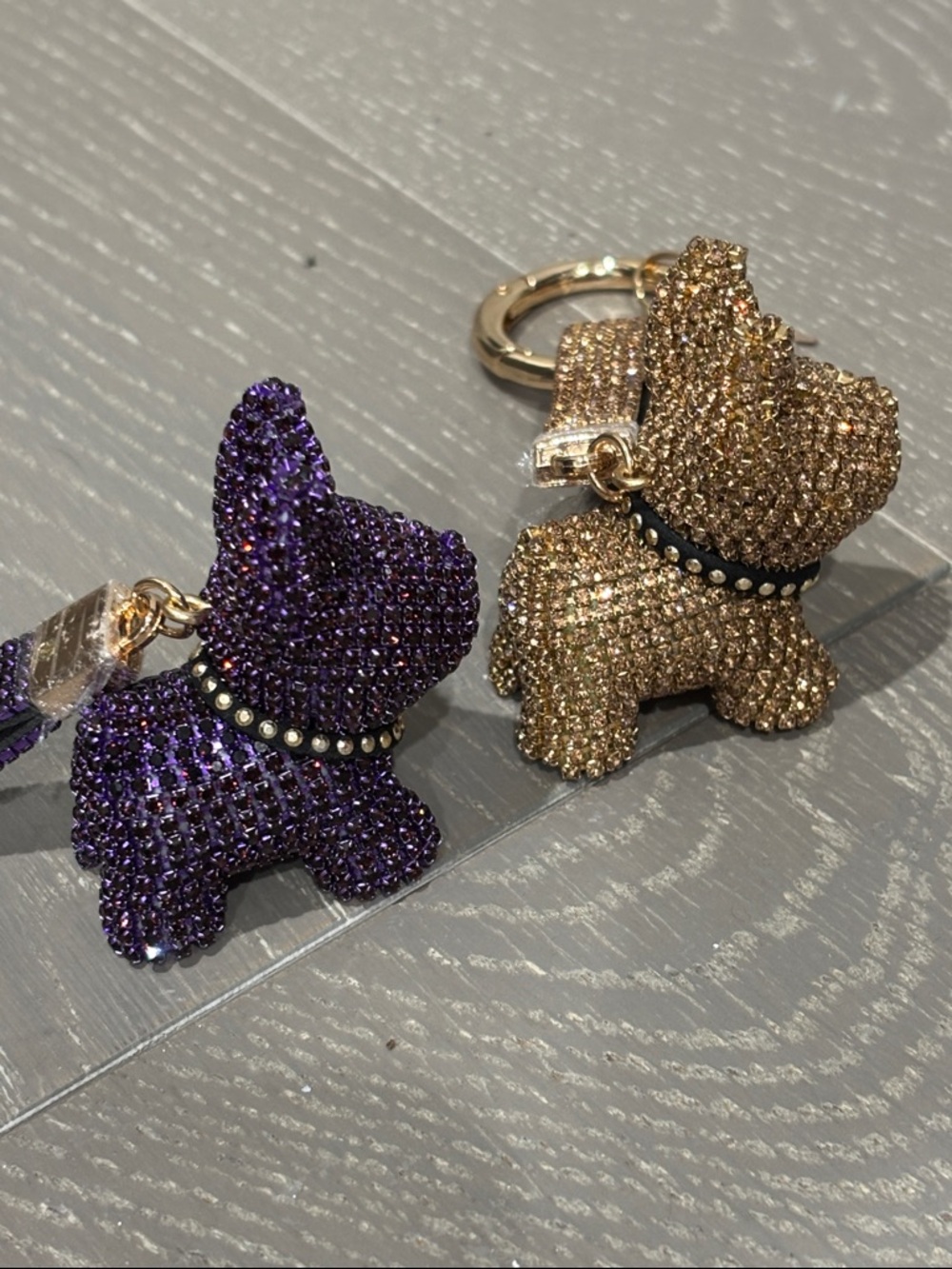 New Set of 2 Rhinestone French Bulldog Keychains - Purple & Gold - Picture 2 of 2